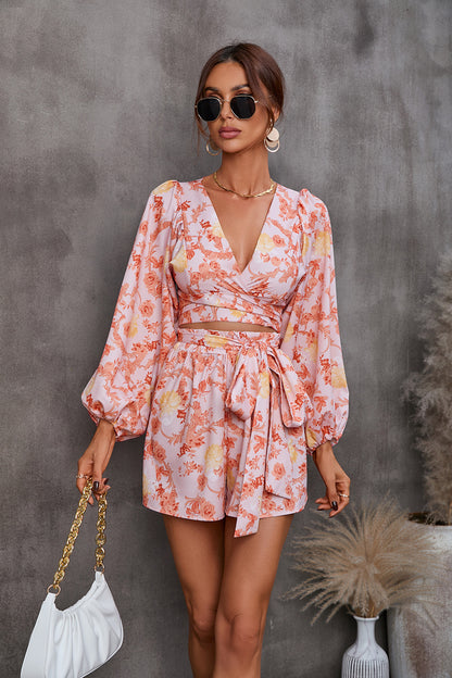 Adiffu Floral Long Sleeve Shorts V-neck Jumpsuit