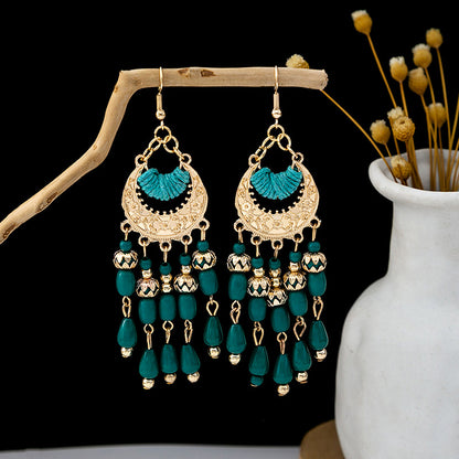 Adiffu Boho Style Rice Beads Fringe Long Earrings