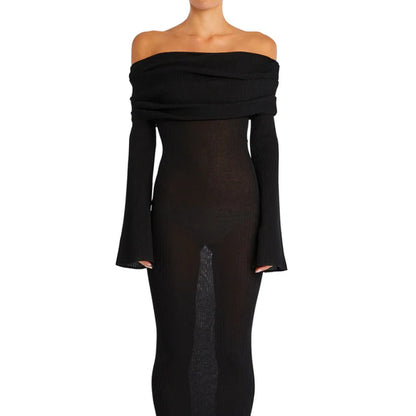 Adiffu Sexy Solid Color Long-sleeved One-shoulder Pleated Knit Dress
