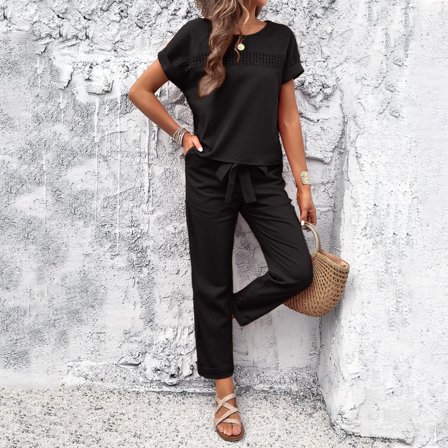 Adiffu Casual Short Sleeve Top And Long Pants Suit