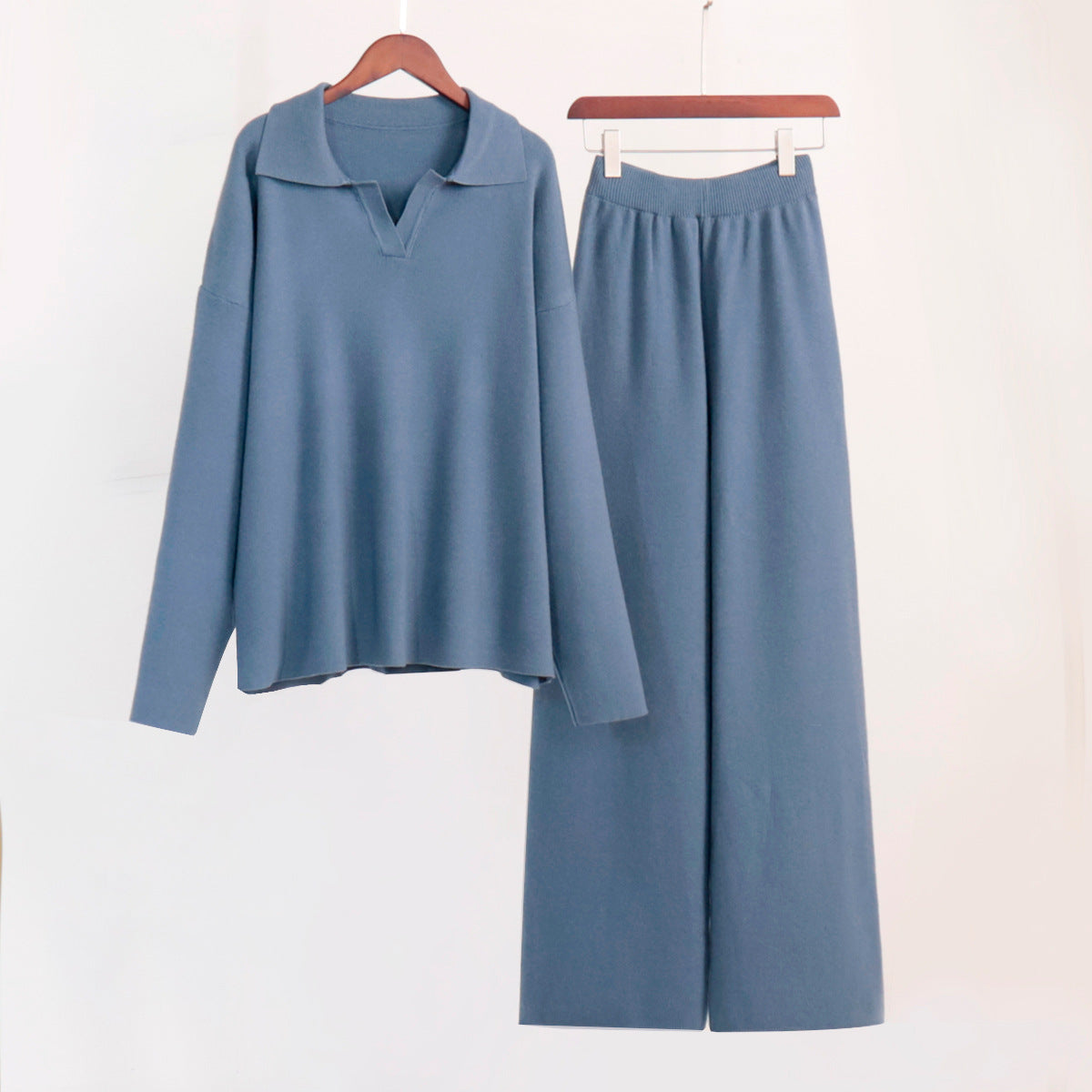 Adiffu Polo Neck Knit Pullover And Wide-leg Trousers