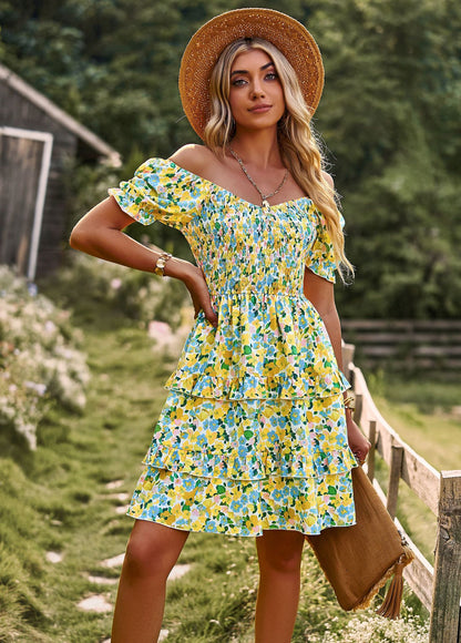 Adiffu Floral Short Sleeve Cake Dress
