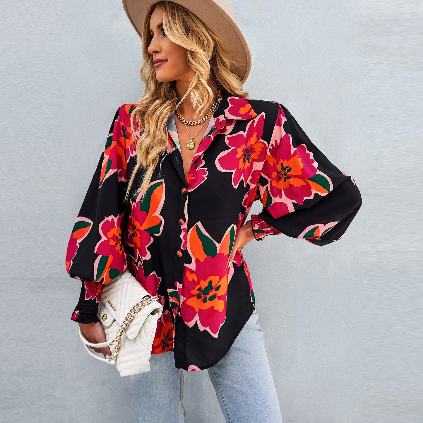 Loose Printed Long-Sleeved Shirt