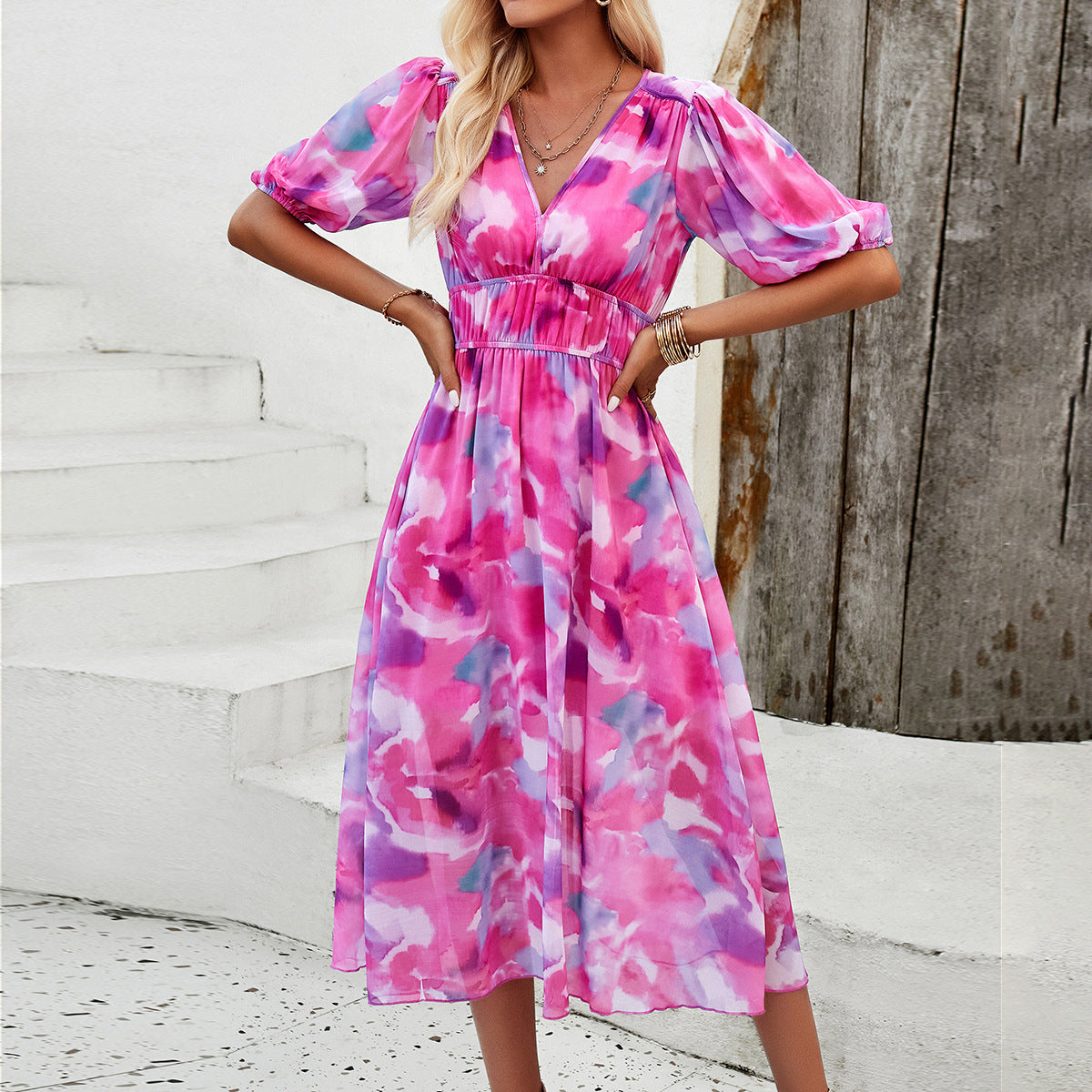 Spring/Summer Holiday Casual Print V-neck Dress