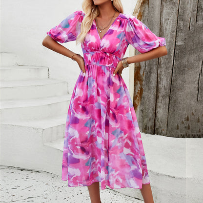 Spring/Summer Holiday Casual Print V-neck Dress