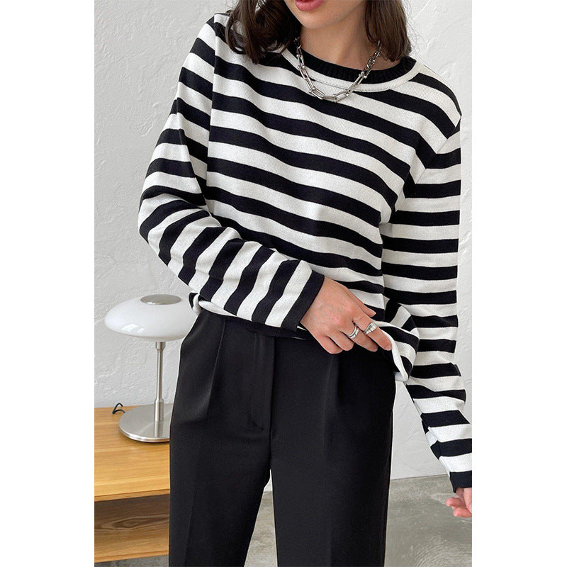 Adiffu Classic Vintage Round Neck Knitted Striped Pullover Sweater For Women