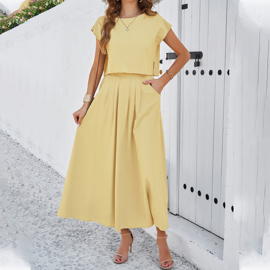 Adiffu Casual Sleeveless Top And Skirt Suit-Yellow
