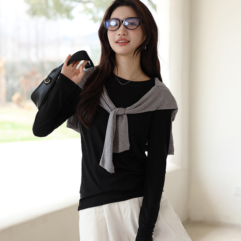Spring and Summer Round Neck Blouse Long Sleeve T-shirt Micro-transparent Knitwear