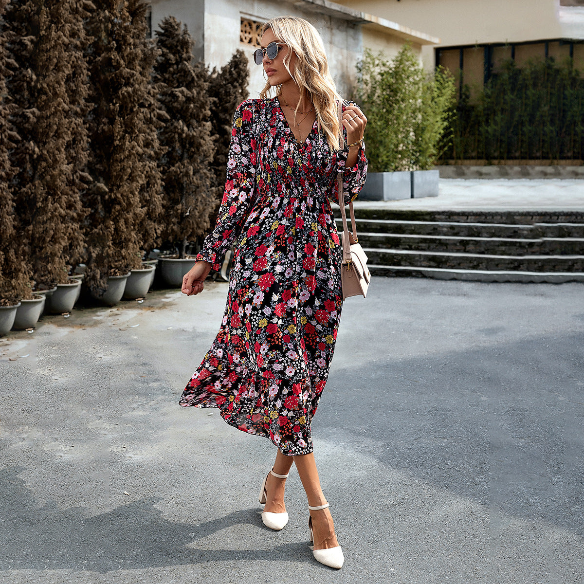 Adiffu Elegant V-neck Long Dress