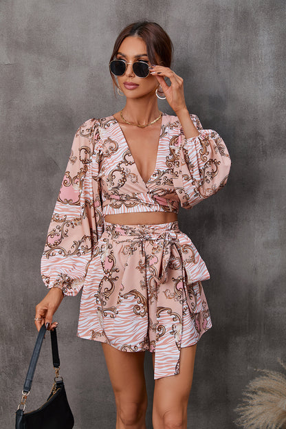 Adiffu Floral Long Sleeve Shorts V-neck Jumpsuit