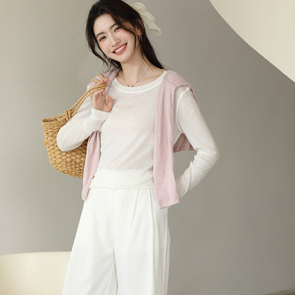 Spring and Summer Round Neck Blouse Long Sleeve T-shirt Micro-transparent Knitwear