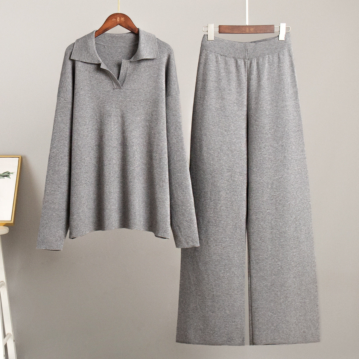 Adiffu Polo Neck Knit Pullover And Wide-leg Trousers