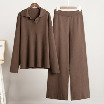 Adiffu Polo Neck Knit Pullover And Wide-leg Trousers