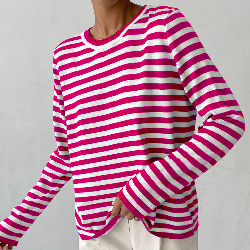 Adiffu Classic Vintage Round Neck Knitted Striped Pullover Sweater For Women