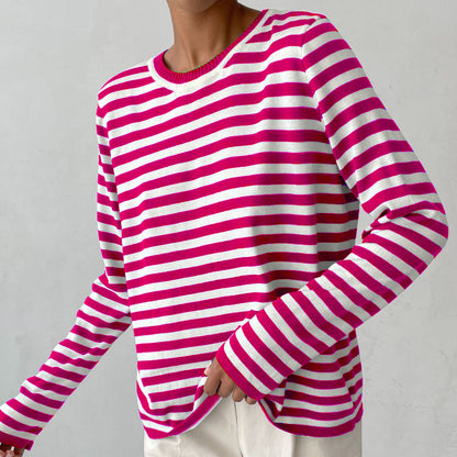 Adiffu Classic Vintage Round Neck Knitted Striped Pullover Sweater For Women