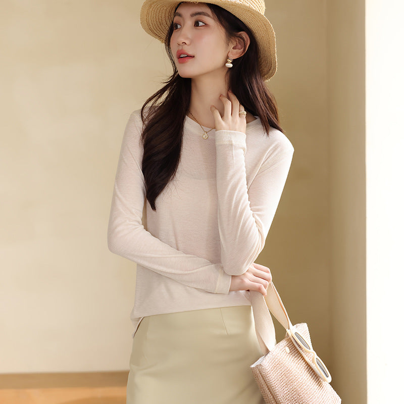 Spring and Summer Round Neck Blouse Long Sleeve T-shirt Micro-transparent Knitwear