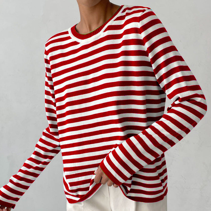 Adiffu Classic Vintage Round Neck Knitted Striped Pullover Sweater For Women