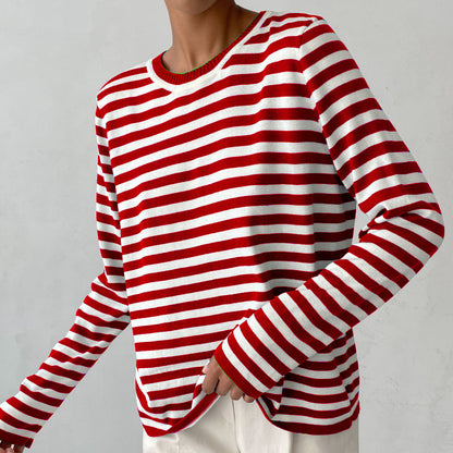 Adiffu Classic Vintage Round Neck Knitted Striped Pullover Sweater For Women