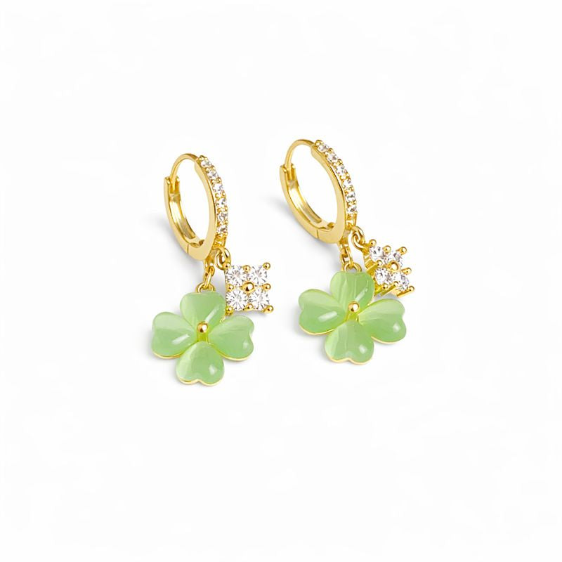 Adiffu Fresh Green Four-leaf Flower Zircon Earrings